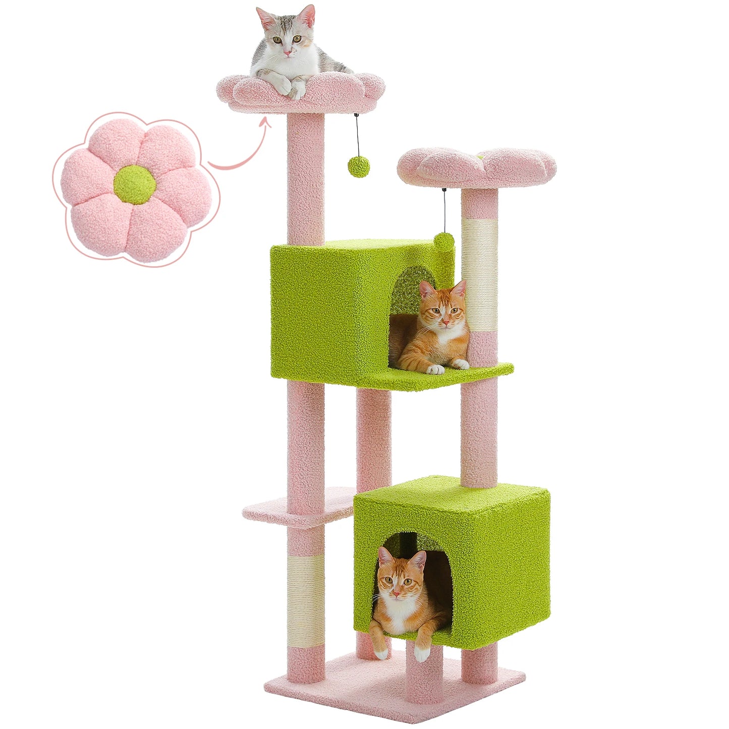 Cactus Cat Tree, 133cm Cat Tower for Indoor Cats, Cute Cat Tree with 2 Padded Perches, 2 Condos & 2 Scratching Posts