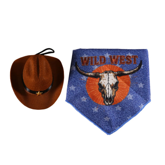 Dog Cowboy Costume Vintage Wild West Hat and Paisley Print Bandana Set Halloween Costume for Small Pets