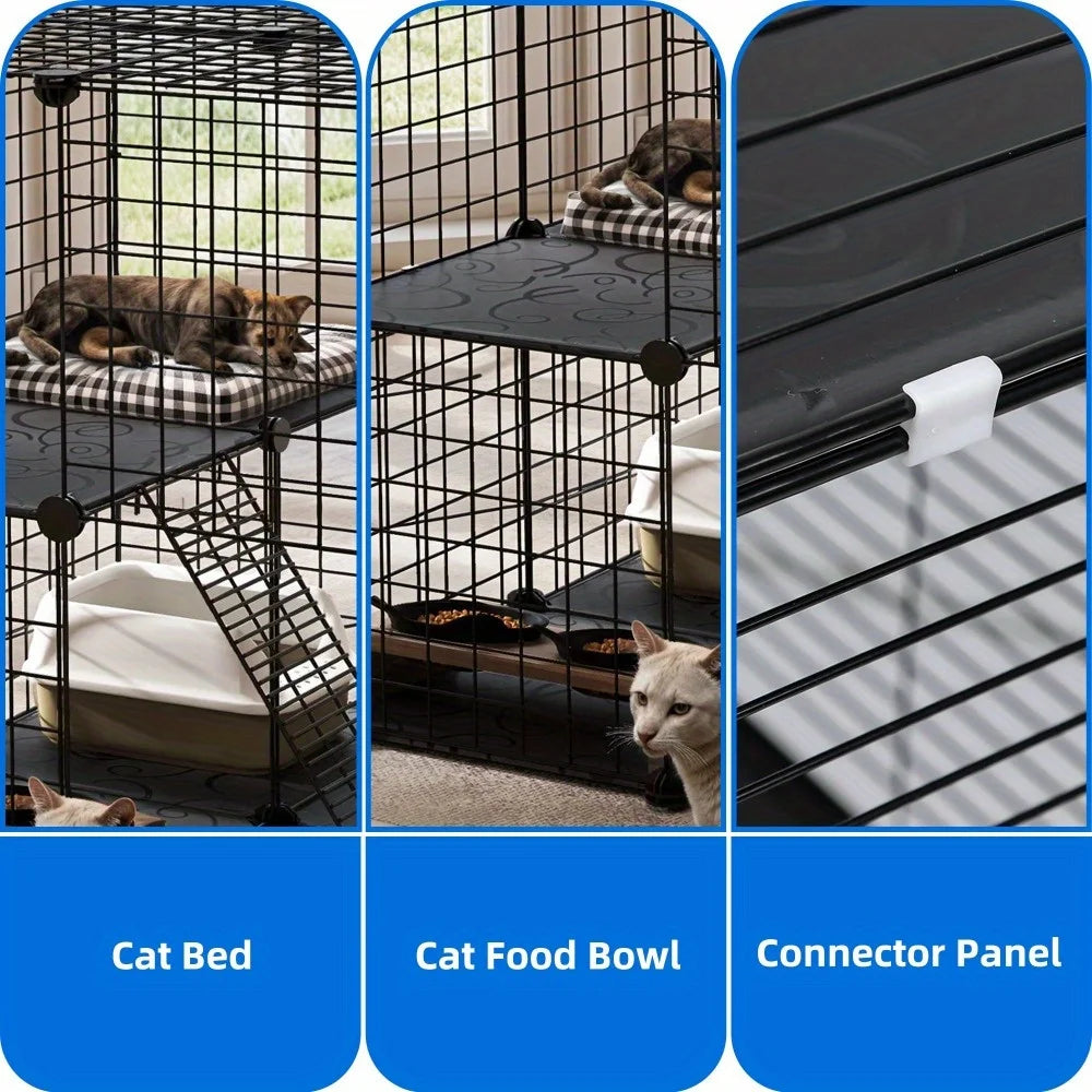 28" Cat Cage, 2 Tier Indoor Cat Enclosures, DIY Cat Playpen Metal Kennel for 1-2 Cats, 28"L x 28"W x 28"H, Black