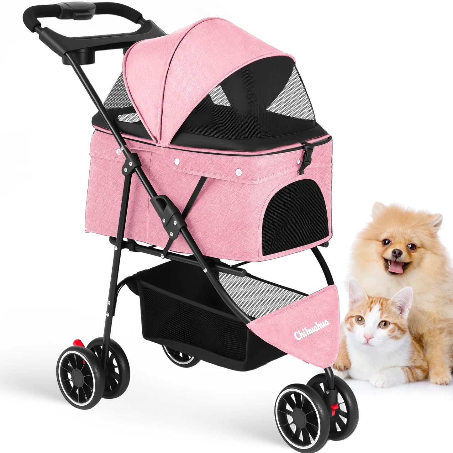 Portable Foldable Pet Stroller for Small Dogs & Cats, Travel Carrier with Canopy, Storage Basket