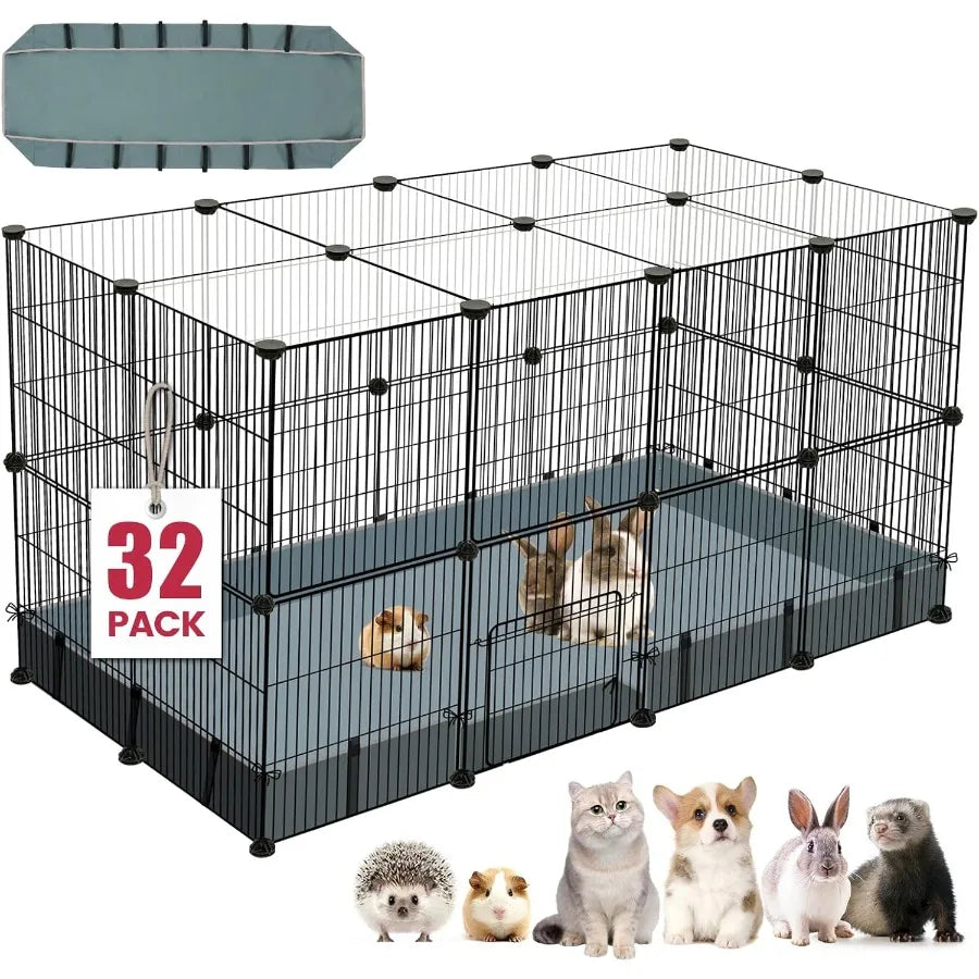 32 Panels Small Animal Playpen47.5" x 23.7" x 31.5" Pet Playpen with Upgrade Waterproof Mat CandC Cage for Guinea Pigs Rabbit B