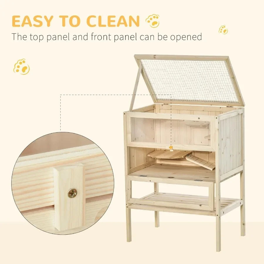 3Tier Wooden Hamster Cage Mice and Rat Cage Small Animals Hutch with Openable Top Front Door Storage Shelf Natural Wood