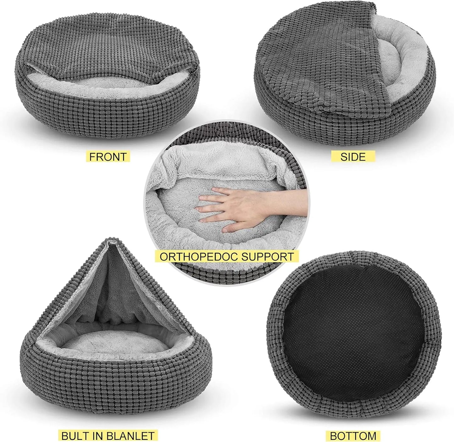 Cozy Donut Hooded Pet Bed with Blanket, Washable & Anti-Slip for Small Dogs Cats, 26 Inch