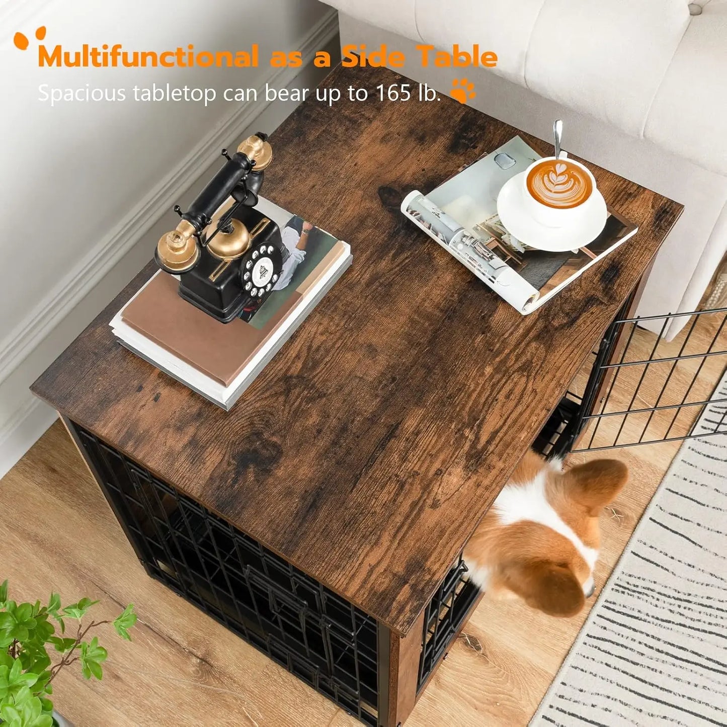Wooden Dog Crate Furniture with Pull-Out Tray, Double Doors for Small/Medium Dogs, Rustic Brown Indoor Kennel