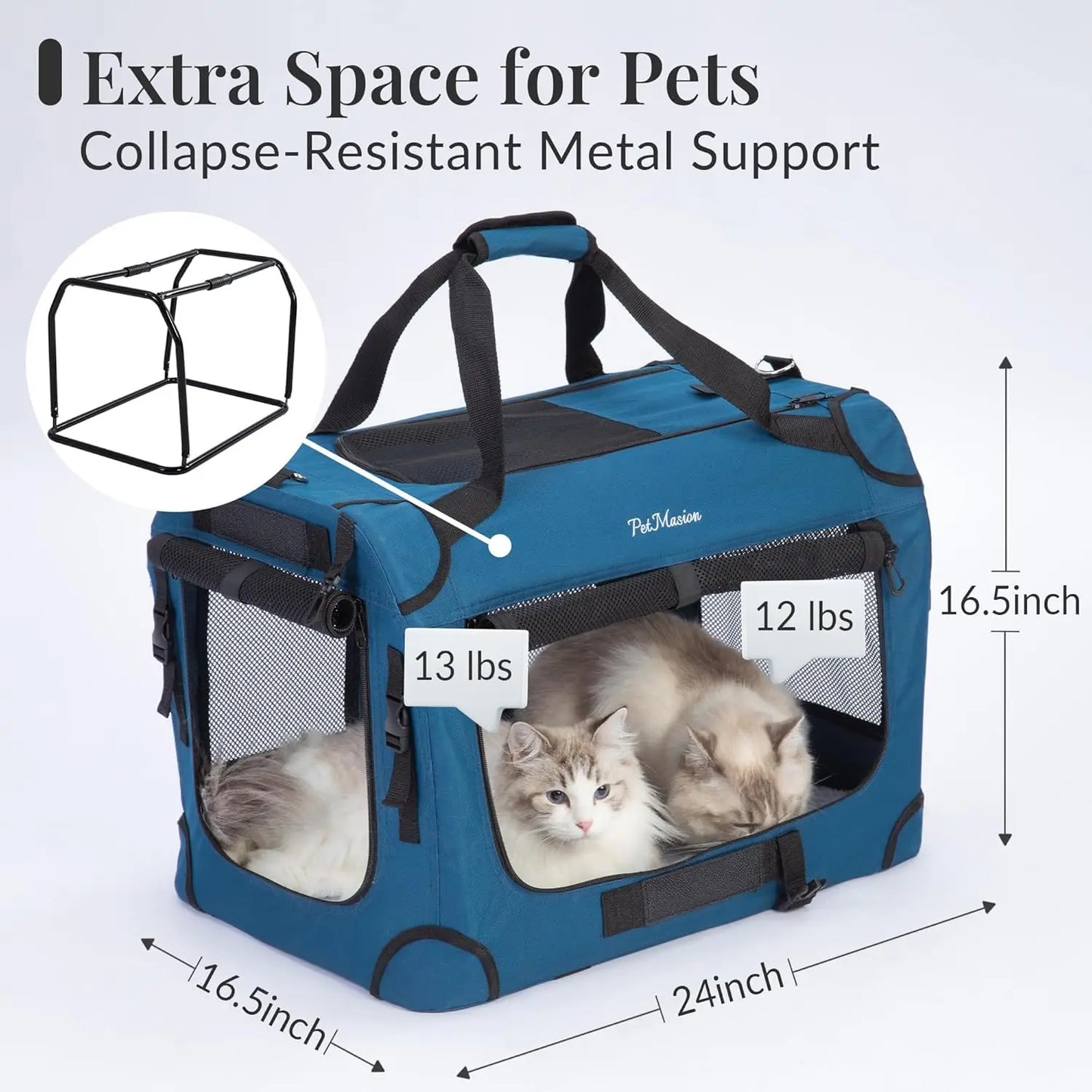 Extra Large Collapsible Cat Carrier for 2 Cats, Soft-Sided Pet Crate Travel Bag 24x16.5x16.5 Inches