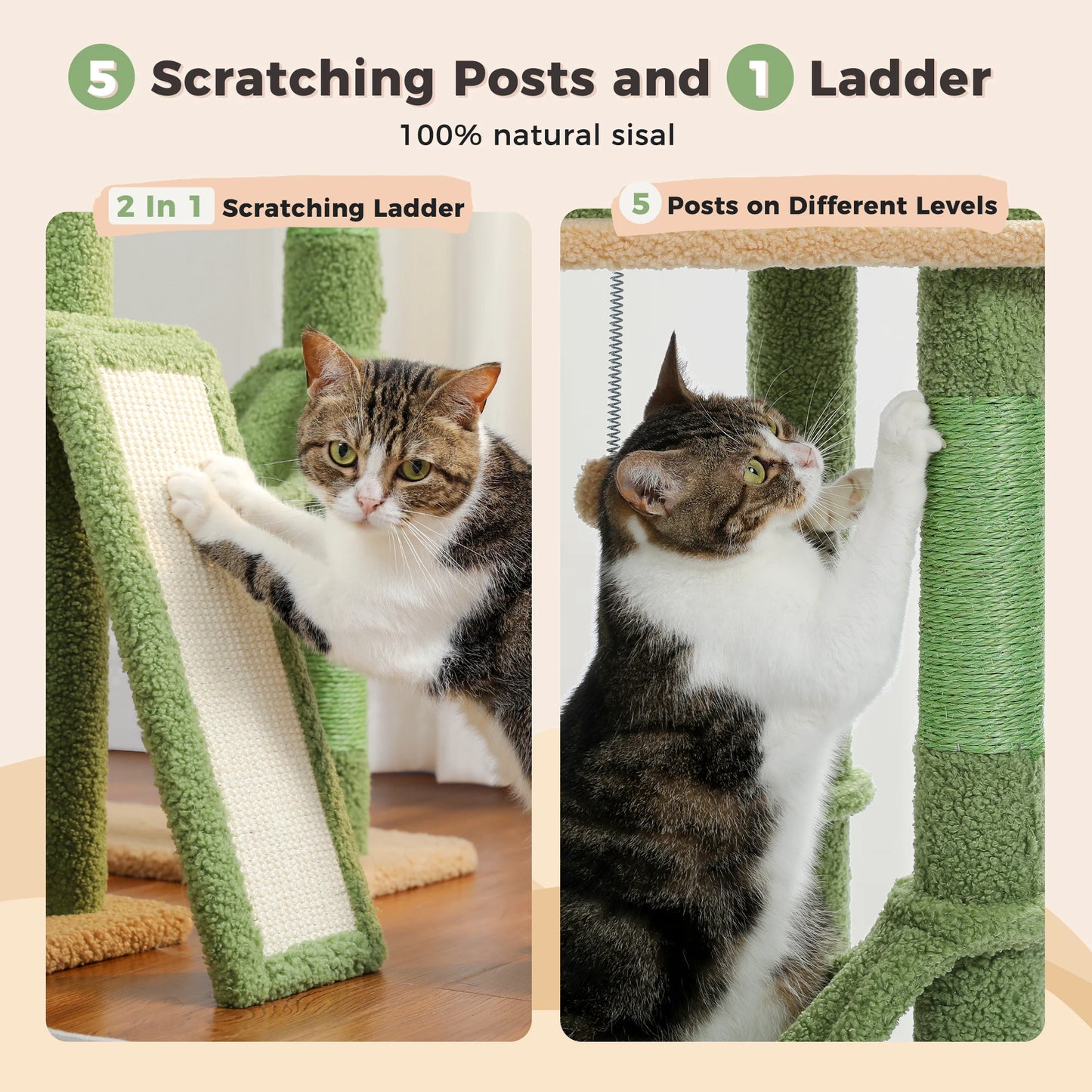 Cactus Cat Tree Floor to Ceiling Cat Tower with Sisal Scratching Post,Comfortable Hammock for Multi-Cat Homes,Cat Accessories
