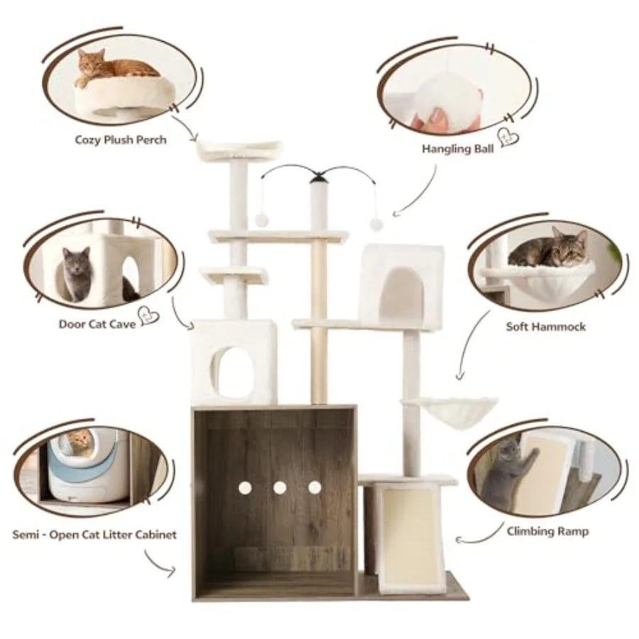 68 Inch Large Cat Tree with Litter Box Enclosure for Automatic Litter Box 2-in-1 Cats House Condo with Scratching Posts Scratch