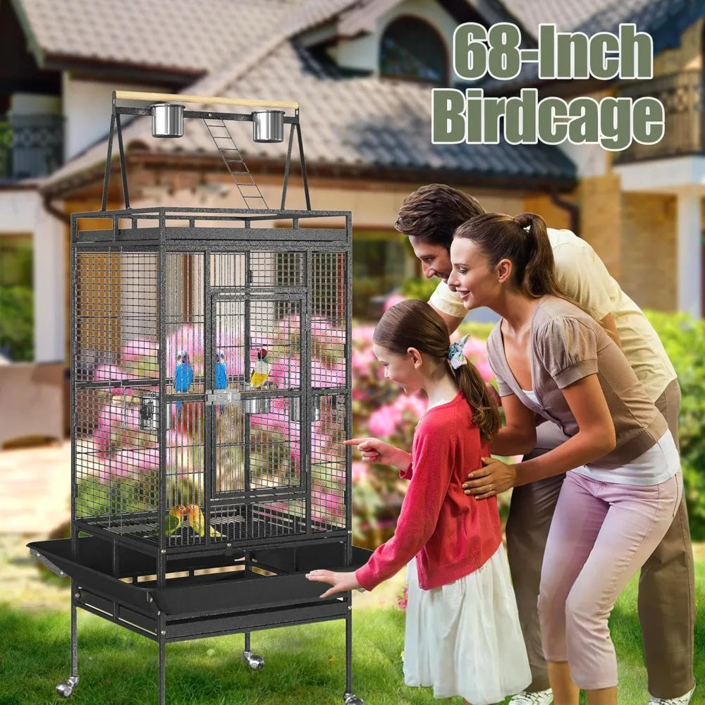 ZENY 68-Inch Birdcage, Playtop Parrot Cage, Wrought Iron Bird Cage with Rolling Stand, Heavy-Duty Pet Bird House for Parrot Cock