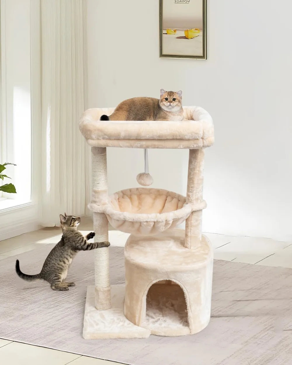 Small Cat Tree for Indoor Cats, Kittens Condo with Scratching Post and Board, Modern Activity Tower with Cradle