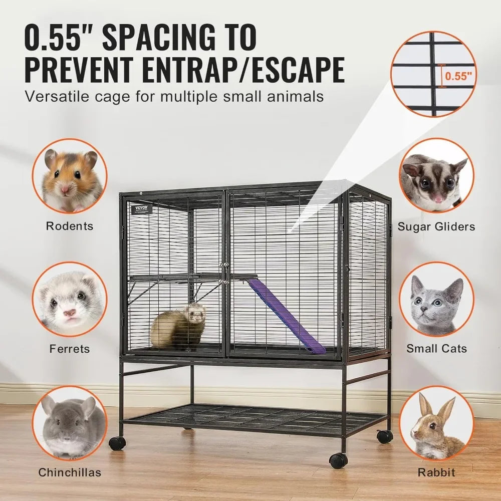39 Rolling Metal Ferret Cage, Large 2-Tier Critter Nation Cage, Small Animal Cage with Ramps & Tray, Easy to Set up