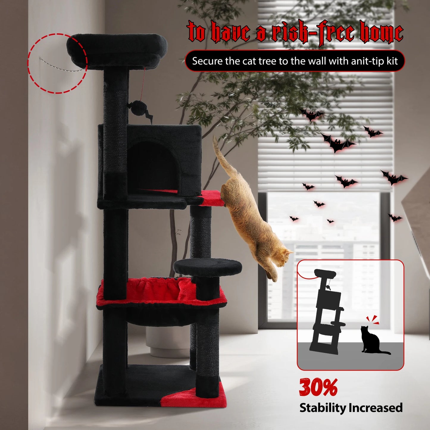 Gothic Cat Tree for Indoor Cats, Tall Cat Tower with Super Large Hammock, Sisal Covered Scratching Post Cozy Condo Top Perch