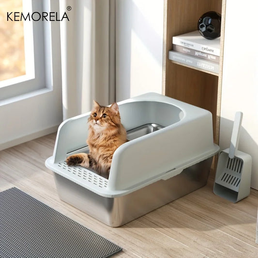 Stainless Steel Litter Box With Litter Mat And Litter Spade Lid High Side Suitable For Large Cats Closed Litter Tray With Spoon