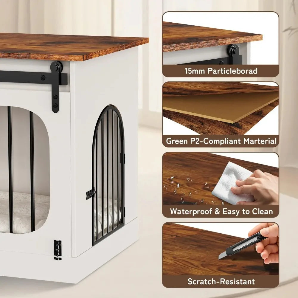 XL Dog Kennel Furniture,39.4 Inch Farmhouse Crate Furniture with Cushion Decorative White Dog Kennel Indoor Thick Wooden