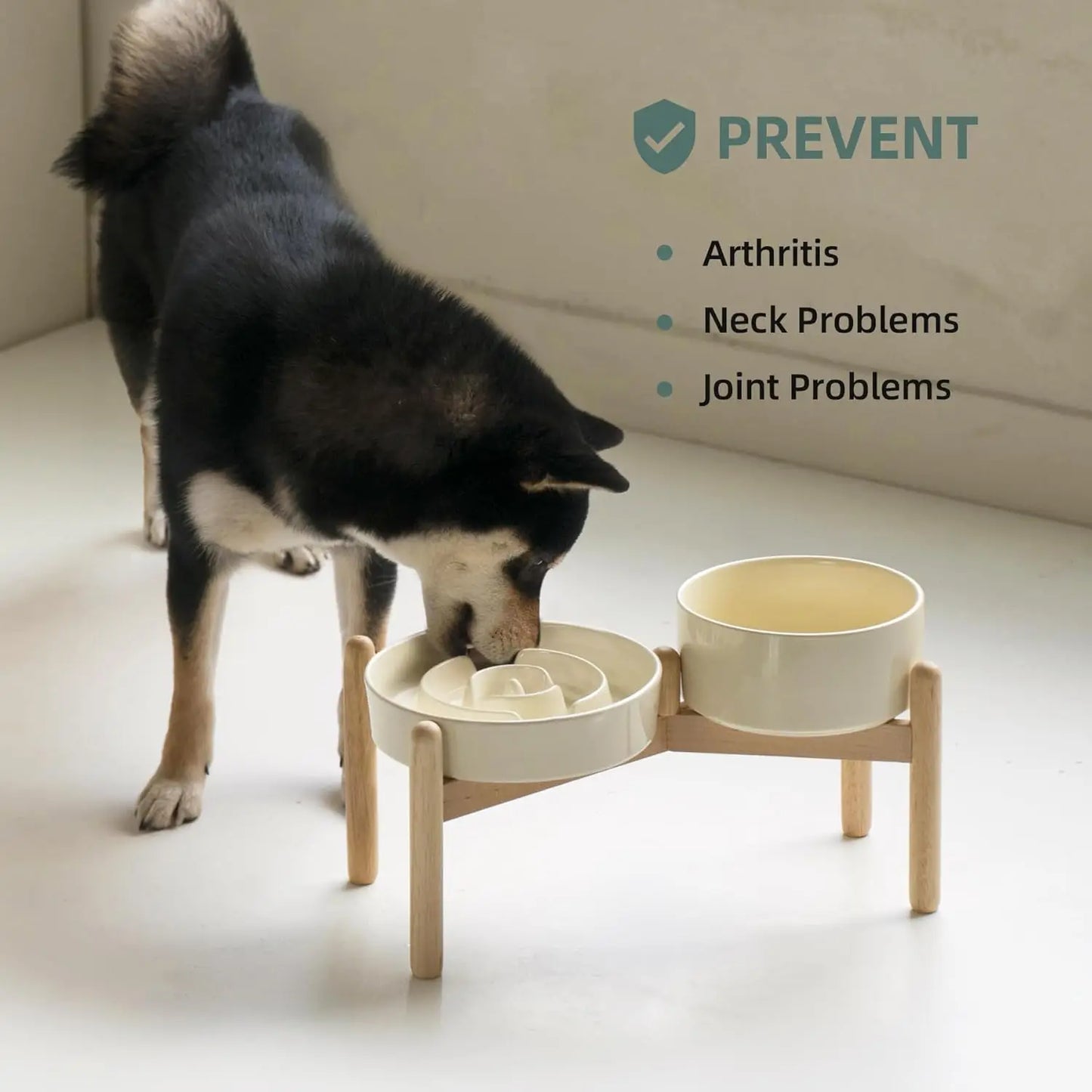 Ceramic Raised Slow Feeder Dog Bowl Set with Wooden Stand for Medium and Small Dogs, Anti-Gulping Design in Beige