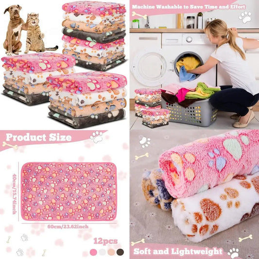 12 Pcs Small Dog Blanket Fleece Puppy Blankets Washable Pet Blankets for Cats Soft Flannel Paw Printed Throw for Guinea Pig Indo