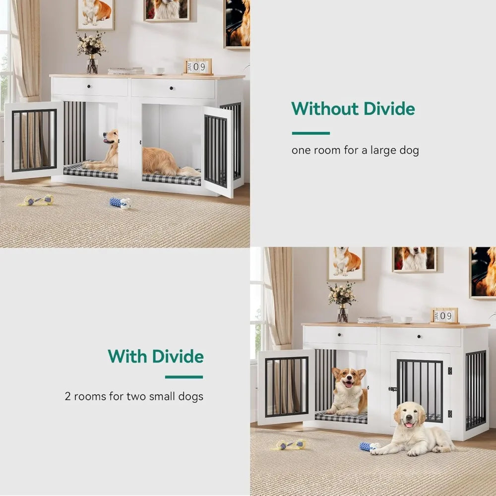 60" Wooden Dog Crate Furniture with Removable Divider & Storage Drawers, Double Door Kennel with Locks for Medium and Large Dog